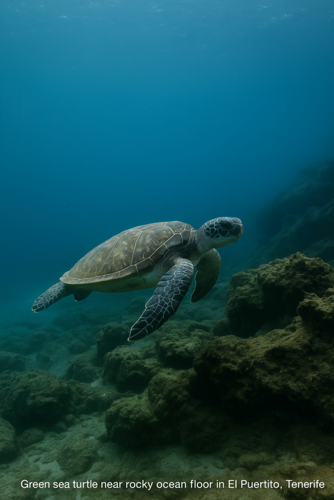 Green sea turtle swimming over rocky ocean floor in El Puertito, Tenerife